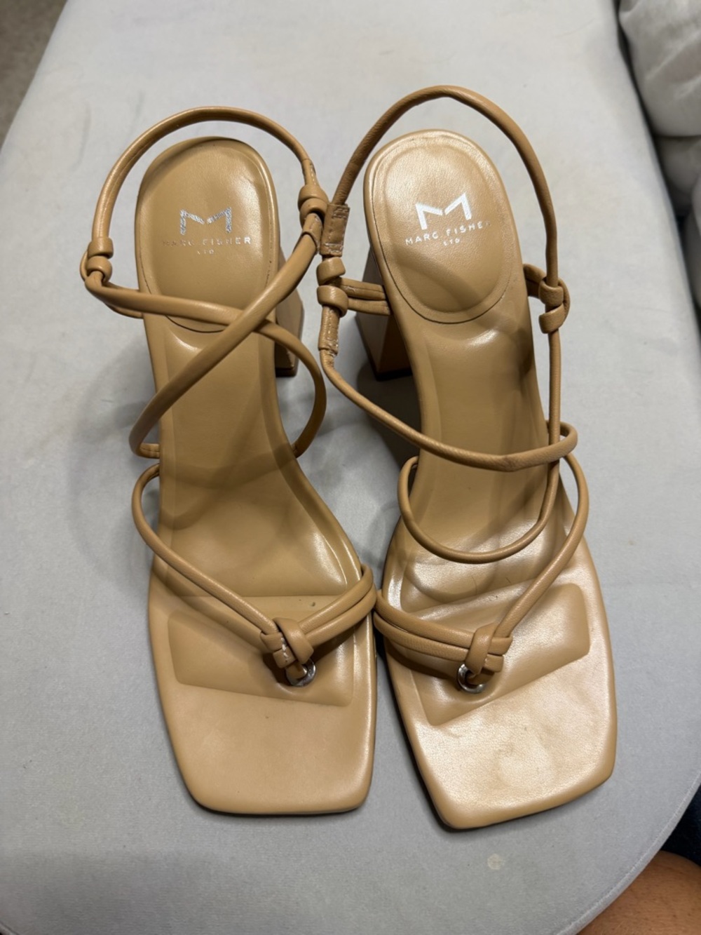 Marc Fisher Beige Leather Strappy Block Heel Sandals